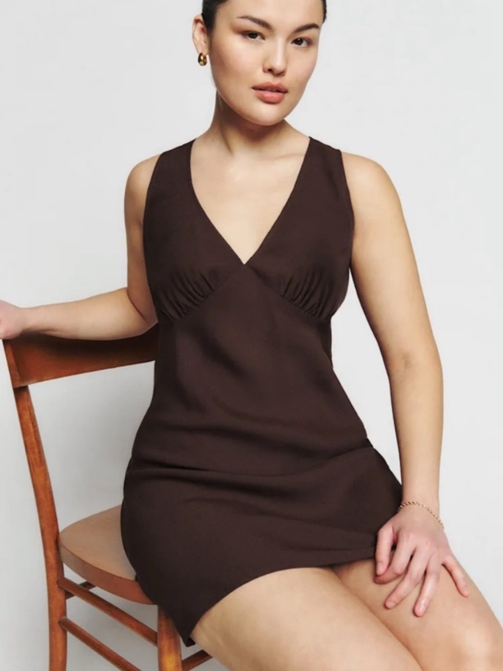 Reformation Dress Calix Mini Sleeveless V-Neck in Chocolate Brown